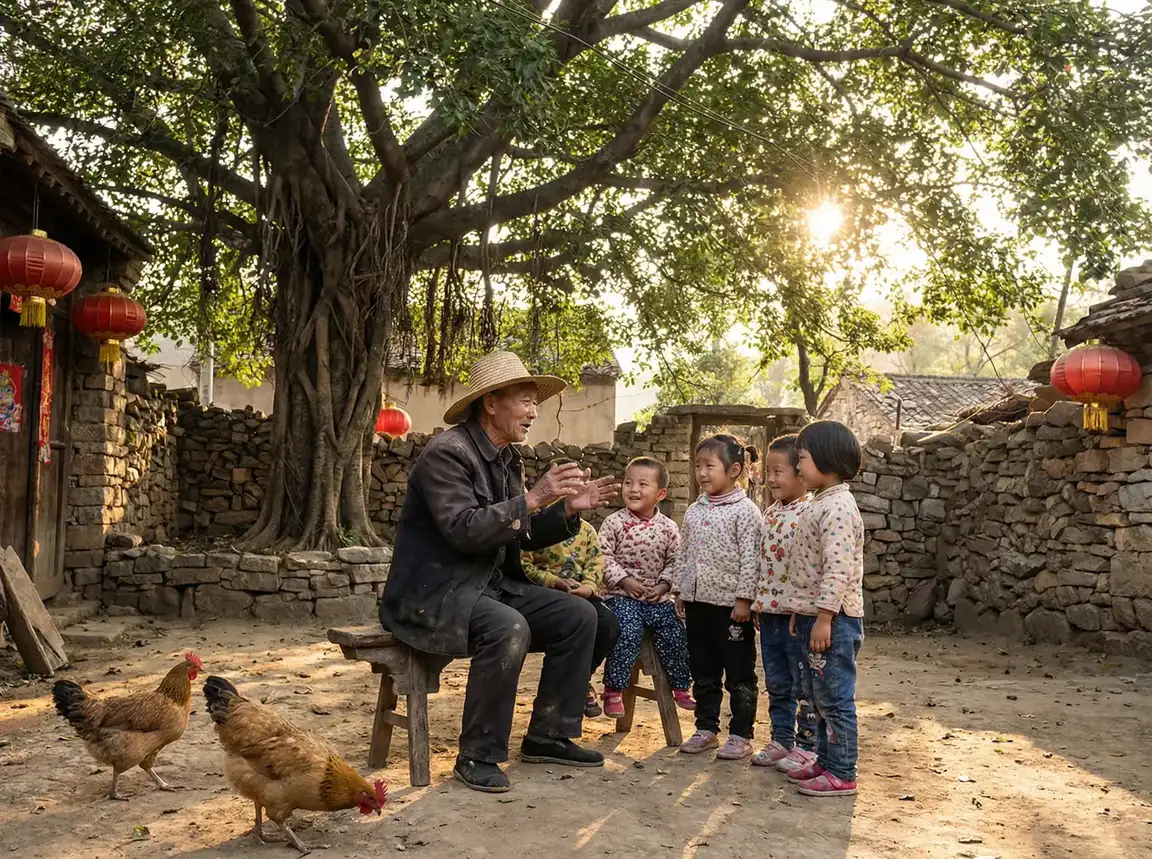 老人在大榕树下给孩子们讲故事 - 叶渺渺上体育课课被捅了一节 乡村记忆